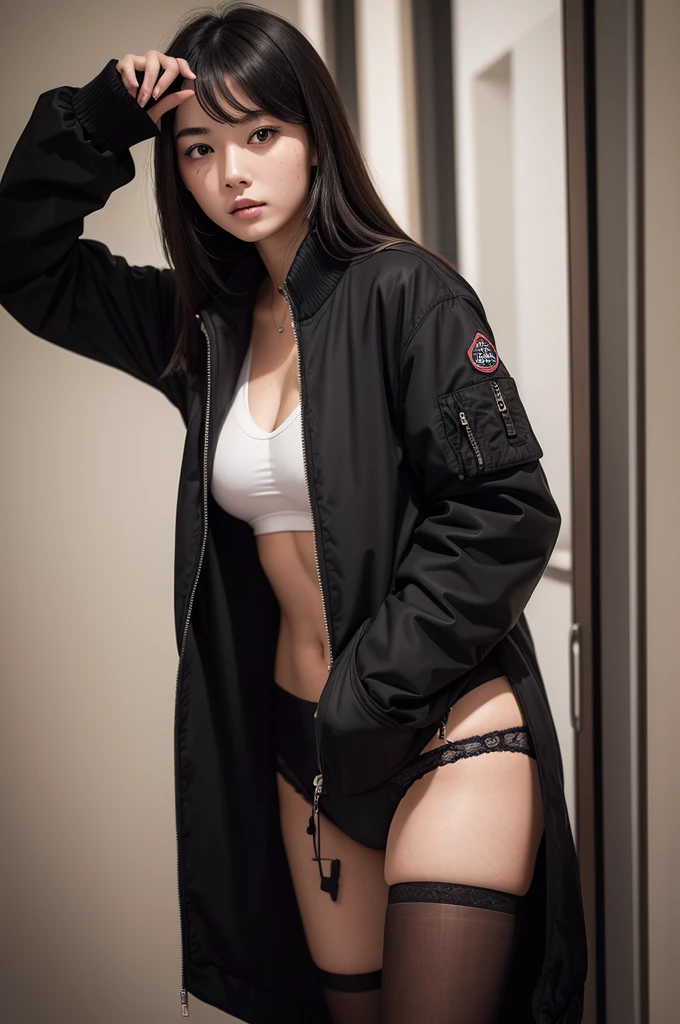 photograph of a 20 year old woman, face perfect, OGood de arte, Good, ?????????, blackw_Good, jaket, blackw_knickers