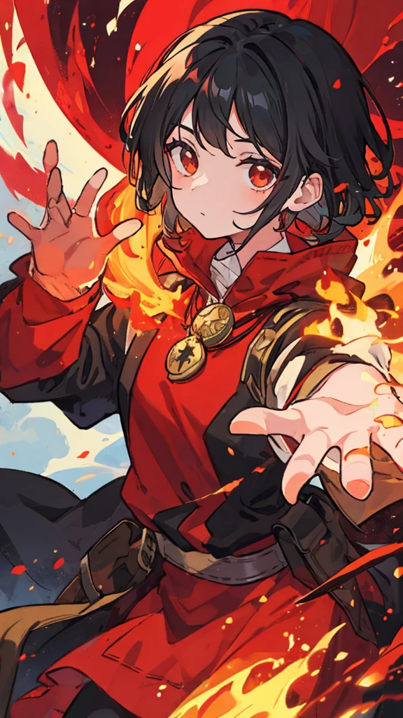Human, man, mage, fire in hands, young, black hair, red pendant