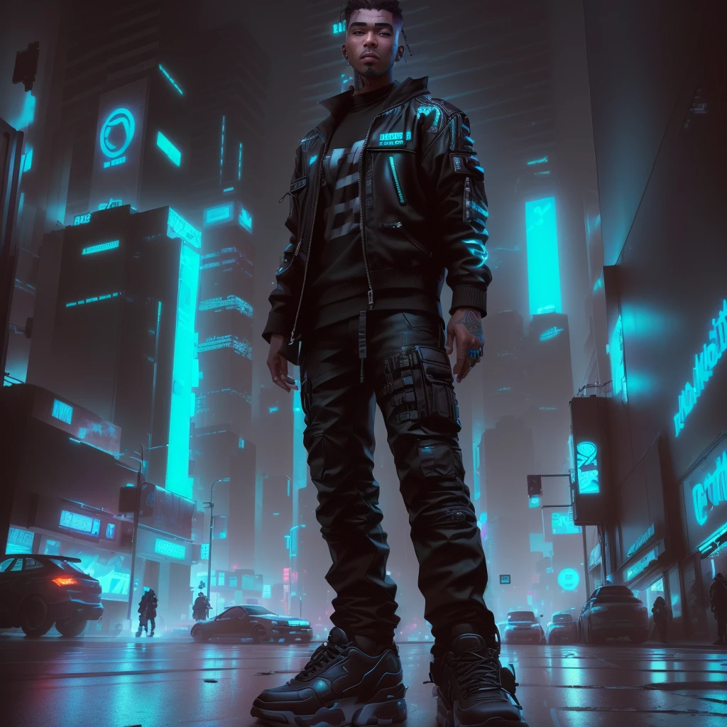 arafed image of a man standing in the middle of a city, cargo pants. hyper-realistic , in cyberpunk city, wearing cyberpunk streetwear, cyberpunk street goon, in a futuristic cyberpunk city, cyberpunk style ， hyperrealistic, in cyberpunk style, cyberpunk vibe, cyberpunk art ultrarealistic 8k, in a cyberpunk city