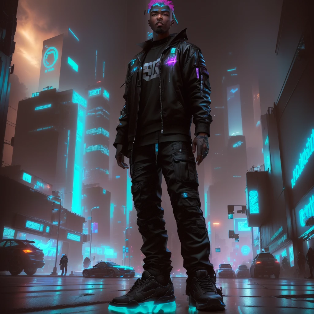 arafed image of a man standing in the middle of a city, cargo pants. hyper-realistic , in cyberpunk city, wearing cyberpunk streetwear, cyberpunk street goon, in a futuristic cyberpunk city, cyberpunk style ， hyperrealistic, in cyberpunk style, cyberpunk vibe, cyberpunk art ultrarealistic 8k, in a cyberpunk city