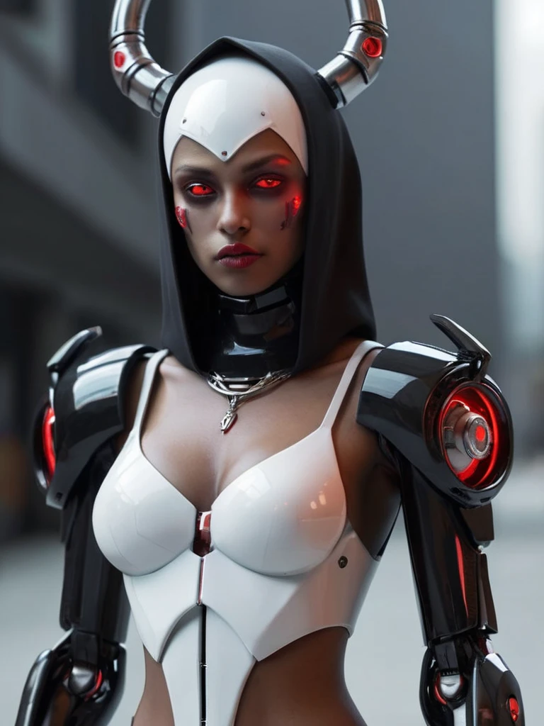 ral-opal, meahophontron, full body, woman robot face, Cyberpunk, devil nun, negro, looking at camera, body nun clothes, red eyes, primer plano looking at camera, realist, beautifull woman, sexy face, black clothes, gray and red, closeup face