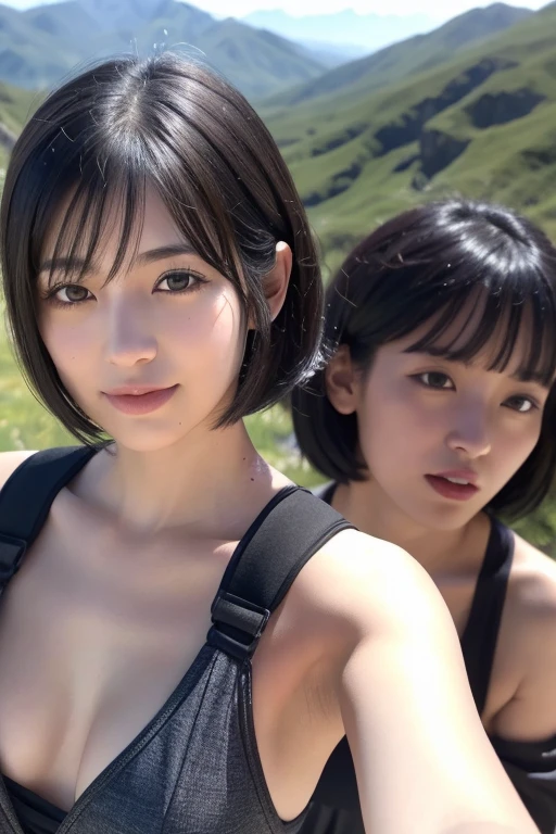 Three smiling girls, Blowing in the wind for a long time [Blue-black:.3] hair,View Audience, (masterpiece:1.3), (8K, Realistic, RAW Photos, Highest quality: 1.4), Japanese, (One Girl), Beautiful Face, (Realistic Face), (black hair, short hair:1.3), beautiful hairstyle, Realistic eyes, Beautiful details, (Realistic Skin), Beautiful Skin, charm, Ultra-high resolution, Ultra-realistic, Very detailed, Mountaineering, Shooting with a smartphone, Nipples