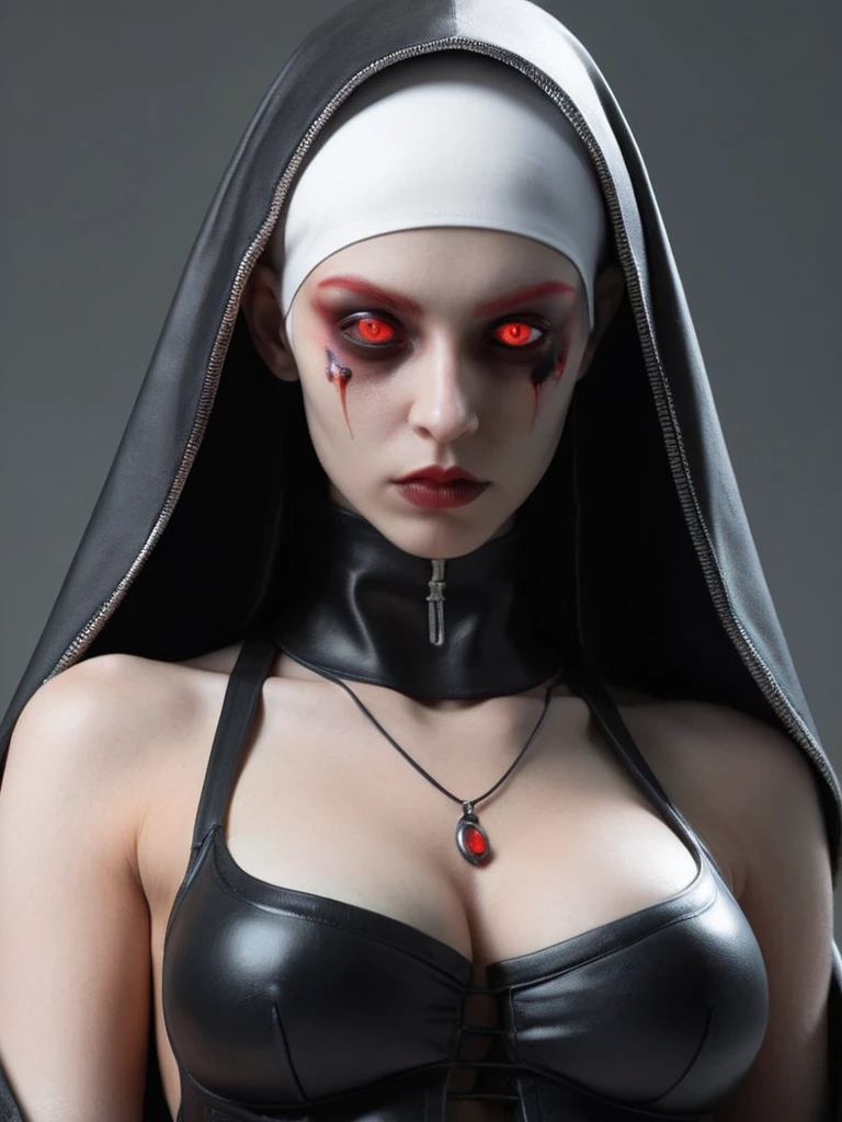 ral-opal, meahophontron, full body ligerie, Sexy cyberpunk woman face, devil nun, negro, looking to the camera, nun body clothing, Red eyes, primer plano looking to the camera, realist, Beautiful woman, cara sexy, black clothes, gray and red, big tits.