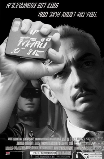 a close up of a person holding a cell phone in front of a poster, digital art. @mariomaniacdude, r / art, inspired by Dalí, r/art, r /art, high art, fellini almodovar john waters, john waters movie, studio art, inspired by Aaron Bohrod, inspired by Enzo Cucchi