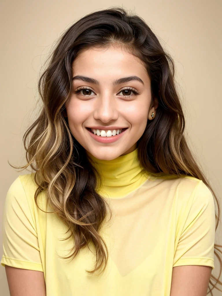 20YO, small nose, one women,attractive, Jordanian, Arab, Bright Yellow shirt, cute smile, cute face, white teethes, skinny face, light brown eyes, black/blonde long hair, modest