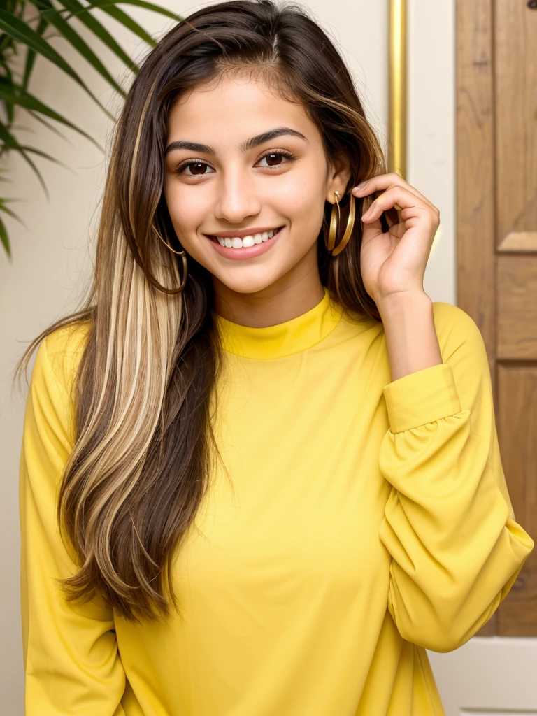 20YO, small nose, one women,attractive, Jordanian, Arab, Bright Yellow shirt, cute smile, cute face, white teethes, skinny face, light brown eyes, black/blonde long hair, modest
