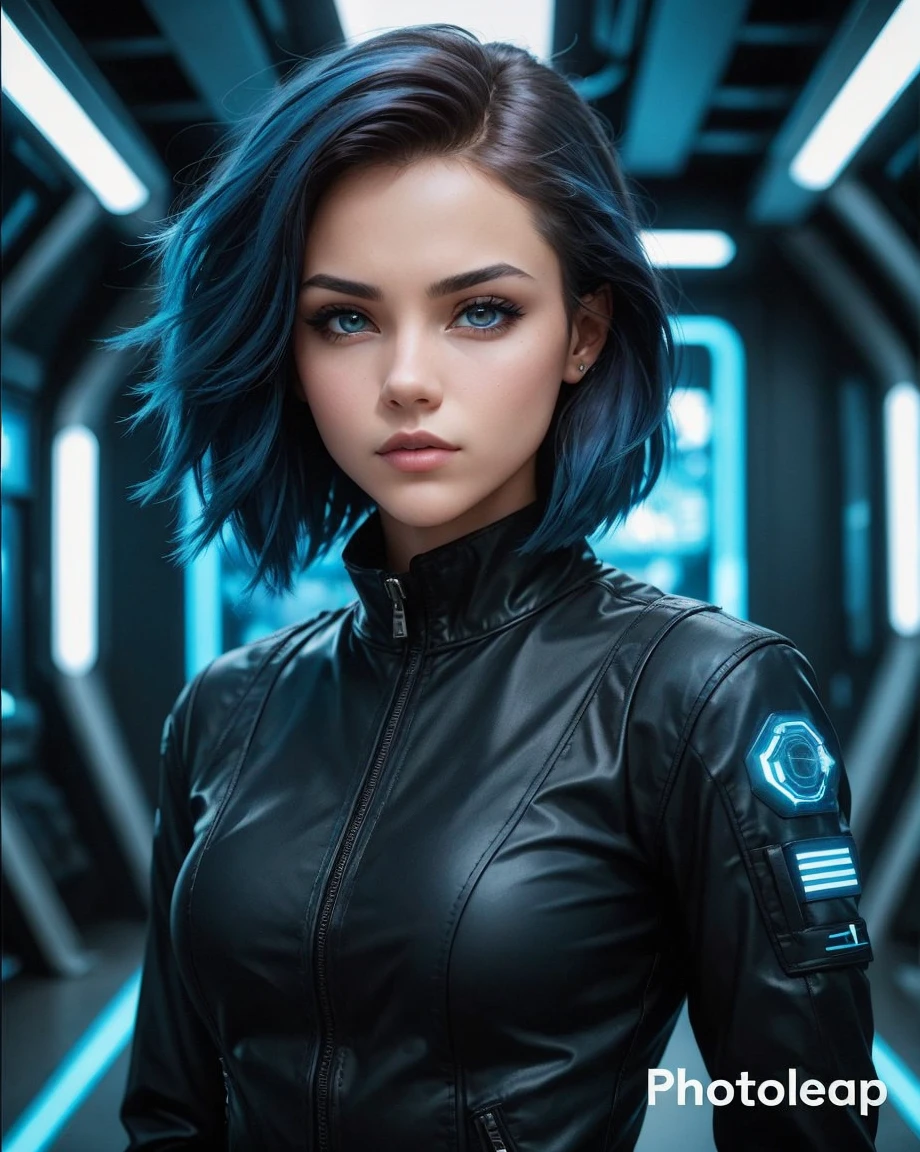 MYSTERY, intrigue, girl Regarding her clothing, usually opts for comfortable but stylish clothes, that allow you to move freely in your urban environment. Prefers dark tones like black, navy blue or gray, that contrast strikingly with her blue hair. futuristic city 