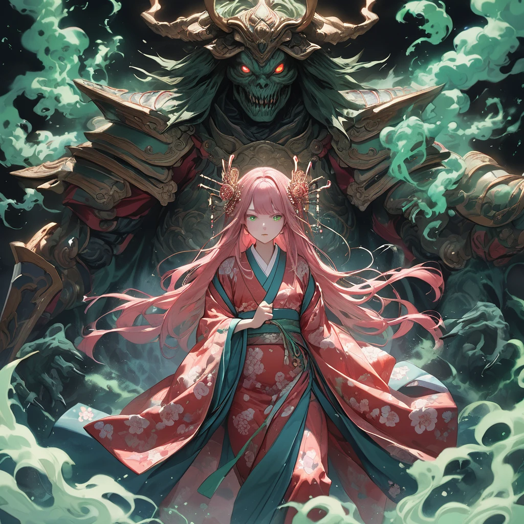 masterpiece, highest quality, A full-body illustration from the front. The main character is a girl in traditional Japanese clothing, with long pink hair and a hair ornament. She holds a sword and has a huge, menacing spirit behind her, wearing elaborate armor with a terrifying expression. Green smoke swirls around them. The girl's kimono has a delicate red pattern on a black background, and her eyes are a vibrant green, matching the aura of the spirit. The overall scene is dynamic and vivid, with a mysterious and otherworldly atmosphere.
