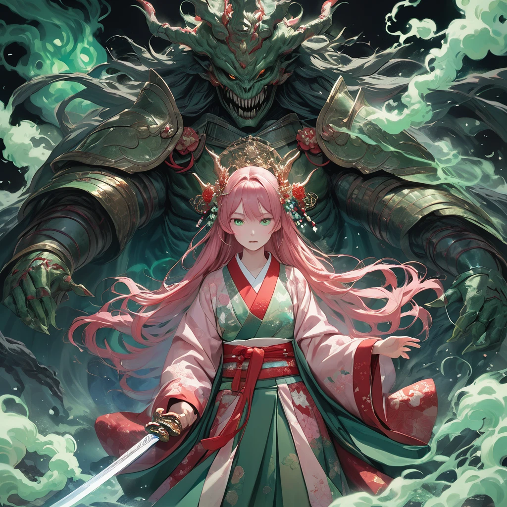 masterpiece, highest quality, A full-body illustration from the front. The main character is a girl in traditional Japanese clothing, with long pink hair and a hair ornament. She holds a sword and has a huge, menacing spirit behind her, wearing elaborate armor with a terrifying expression. Green smoke swirls around them. The girl's kimono has a delicate red pattern on a black background, and her eyes are a vibrant green, matching the aura of the spirit. The overall scene is dynamic and vivid, with a mysterious and otherworldly atmosphere.