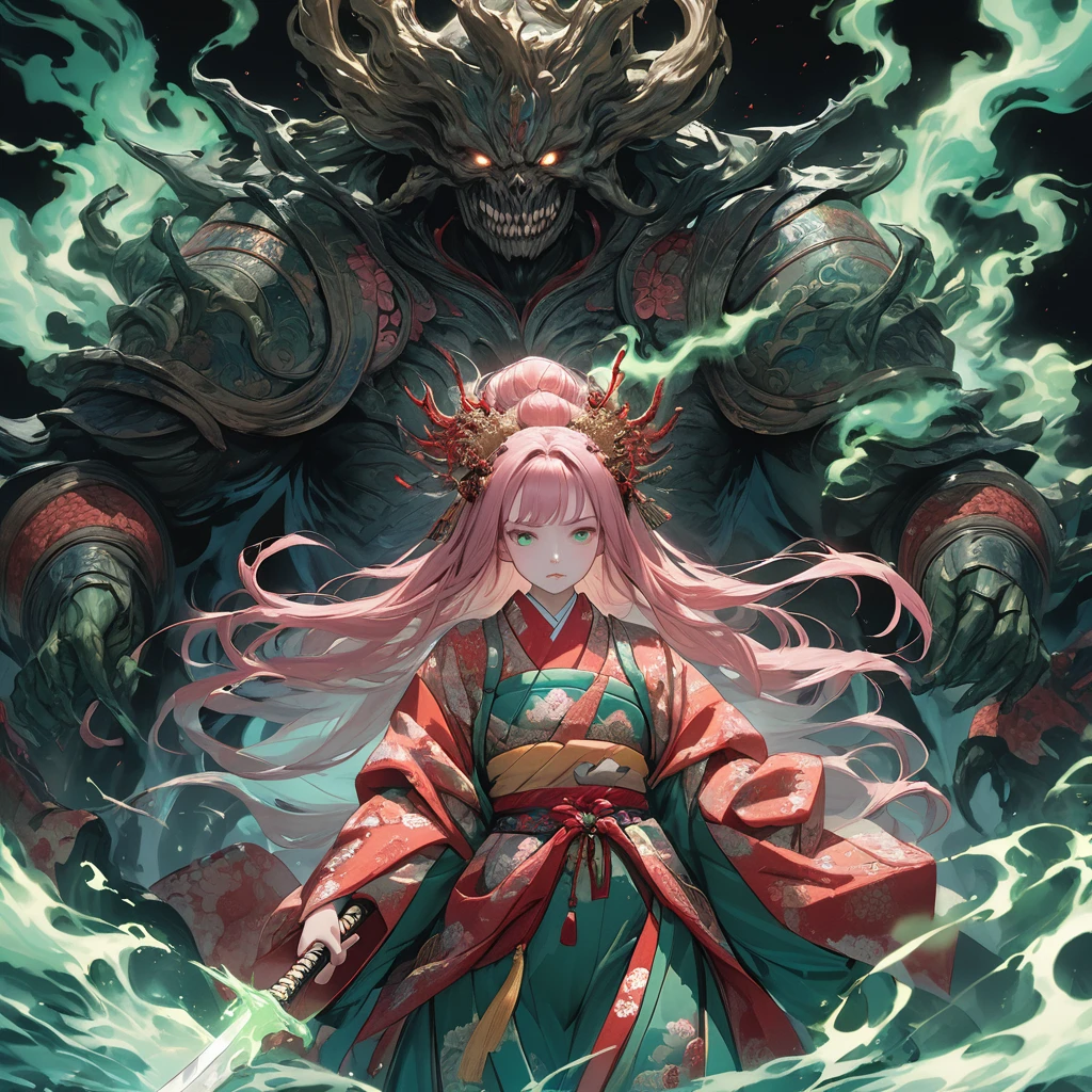 masterpiece, highest quality, A full-body illustration from the front. The main character is a girl in traditional Japanese clothing, with long pink hair and a hair ornament. She holds a sword and has a huge, menacing spirit behind her, wearing elaborate armor with a terrifying expression. Green smoke swirls around them. The girl's kimono has a delicate red pattern on a black background, and her eyes are a vibrant green, matching the aura of the spirit. The overall scene is dynamic and vivid, with a mysterious and otherworldly atmosphere.