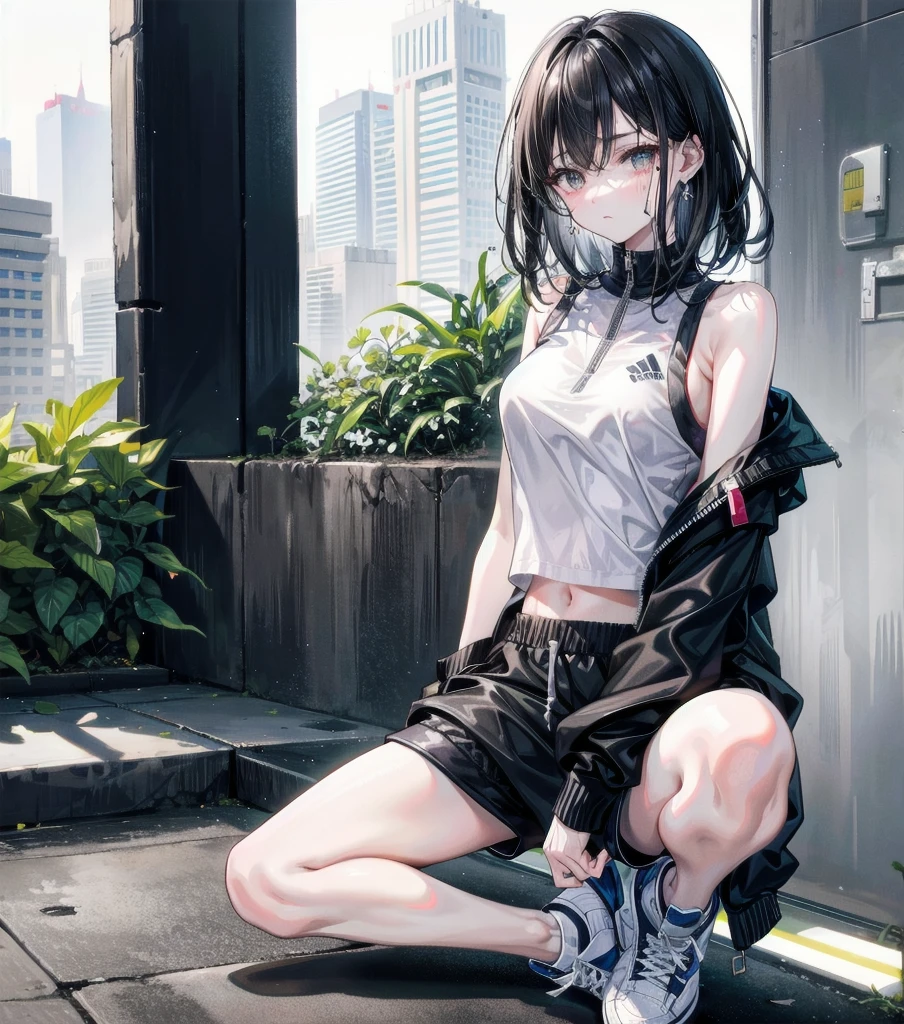 full body, delicate facial features, medium tits, medium hair, black hair, tearful mole, earring, tracksuit, sleeveless, bare arms, shorts, outdoor,