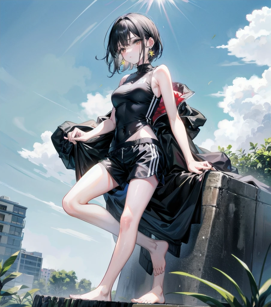 full body, delicate facial features, medium tits, medium hair, black hair, tearful mole, earring, tracksuit, sleeveless, bare arms, shorts, outdoor,