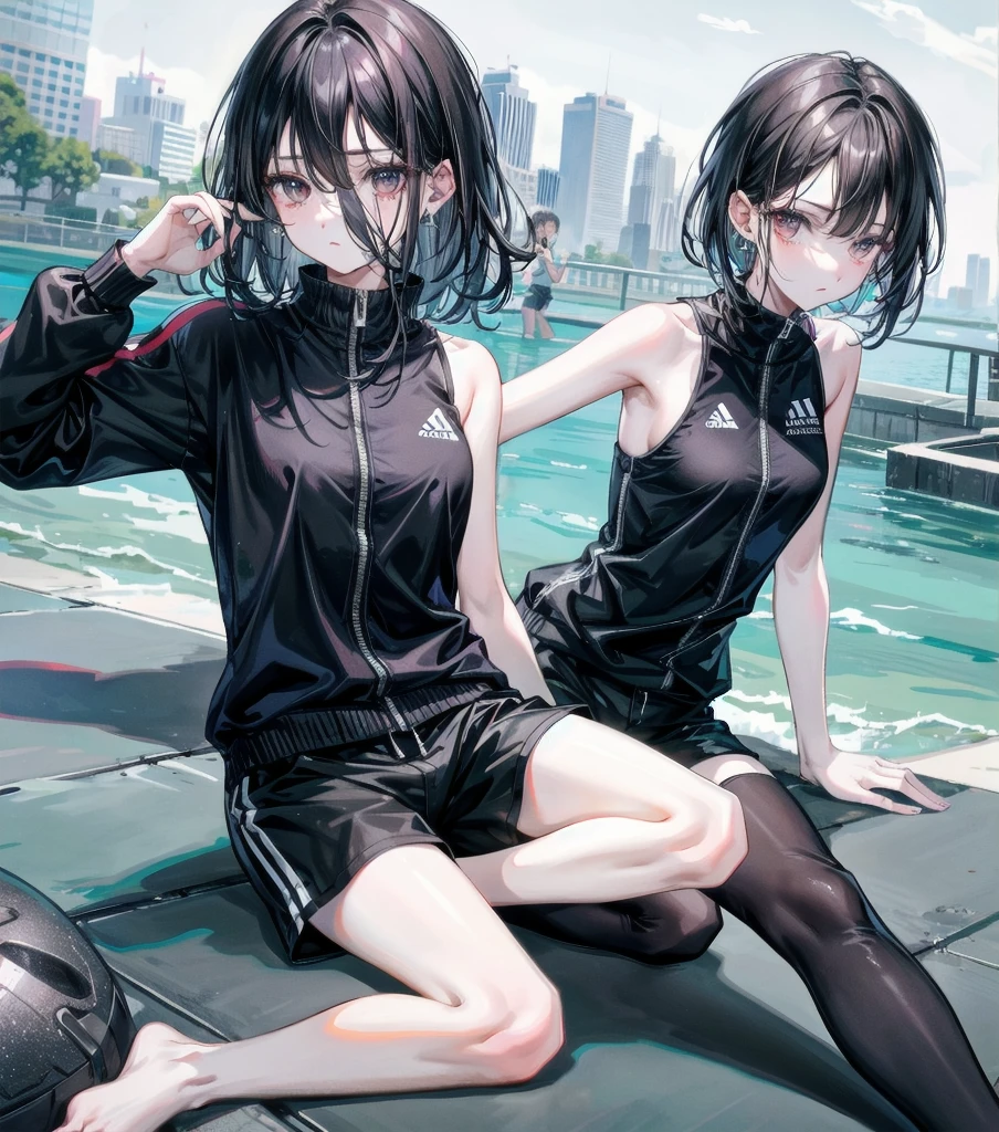 full body, delicate facial features, medium tits, medium hair, black hair, tearful mole, earring, tracksuit, sleeveless, bare arms, shorts, outdoor,
