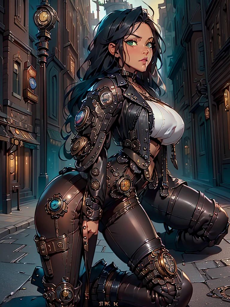 ((Need, 8K, Masterpiece artwork:1.3)),(realistically:1.4),RAW photo portrait,very wide lens,decote em close,(Real leather texture:1.3),(Film grain:1.3) Focalores:1.2, perfect figure beautiful woman:1.4, ((Dark and shiny black long hair, greeneyes, へそ, huge tit:1.2 )), ((white top:1.4)(Short black leather jacket, black steampunk pants:1.4) , ((kneel:1.2)), ((steampunk street day open scene, )), Highly detailded facial and skin texture, detailded