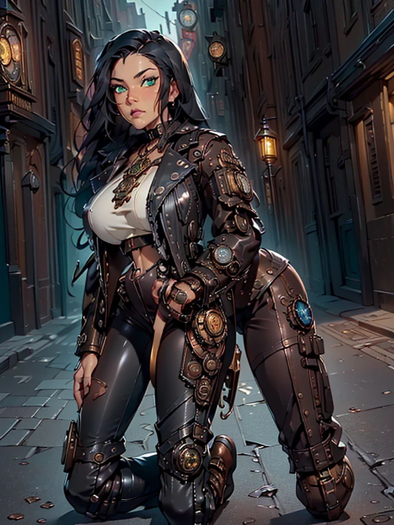 ((Need, 8K, Masterpiece artwork:1.3)),(realistically:1.4),RAW photo portrait,very wide lens,decote em close,(Real leather texture:1.3),(Film grain:1.3) Focalores:1.2, perfect figure beautiful woman:1.4, ((Dark and shiny black long hair, greeneyes, へそ, huge tit:1.2 )), ((white top:1.4)(Short black leather jacket, black steampunk pants:1.4) , ((kneel:1.2)), ((steampunk street day open scene, )), Highly detailded facial and skin texture, detailded