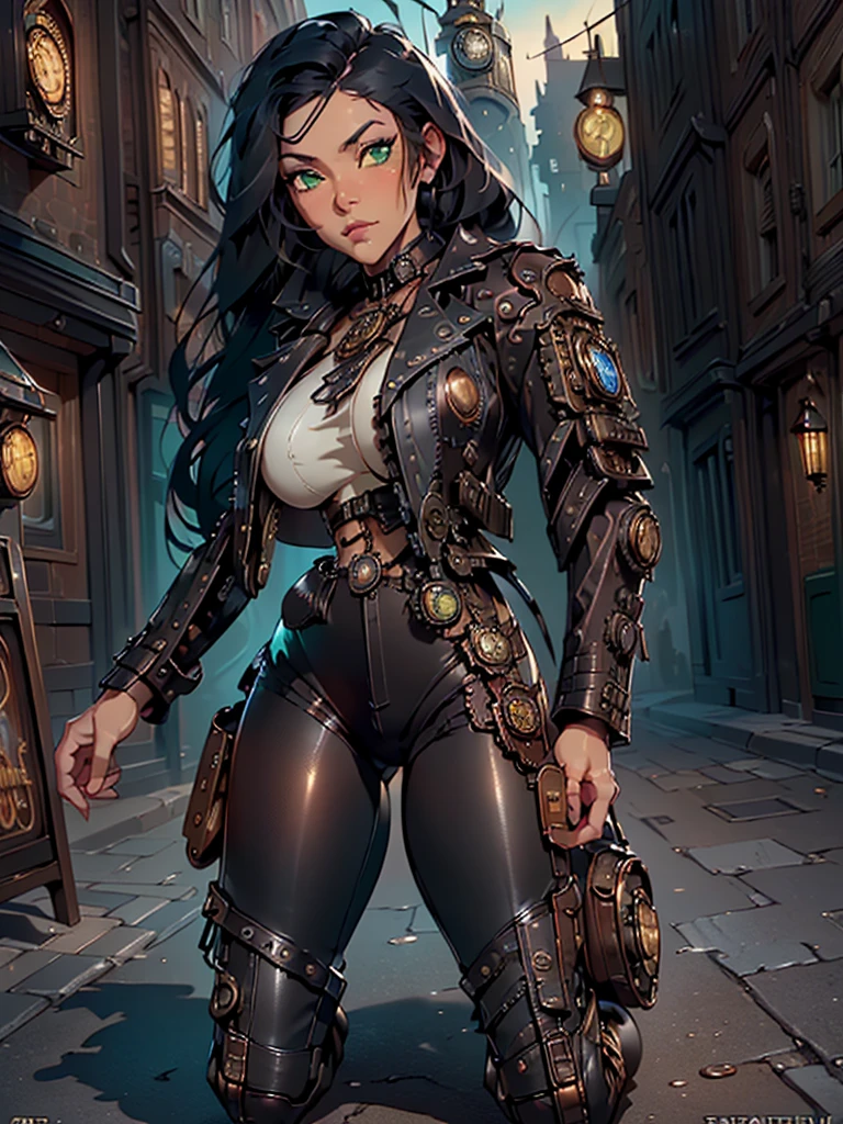 ((Need, 8K, Masterpiece artwork:1.3)),(realistically:1.4),RAW photo portrait,very wide lens,decote em close,(Real leather texture:1.3),(Film grain:1.3) Focalores:1.2, perfect figure beautiful woman:1.4, ((Dark and shiny black long hair, greeneyes, へそ, huge tit:1.2 )), ((white top:1.4)(Short black leather jacket, black steampunk pants:1.4) , ((kneel:1.2)), ((steampunk street day open scene, )), Highly detailded facial and skin texture, detailded