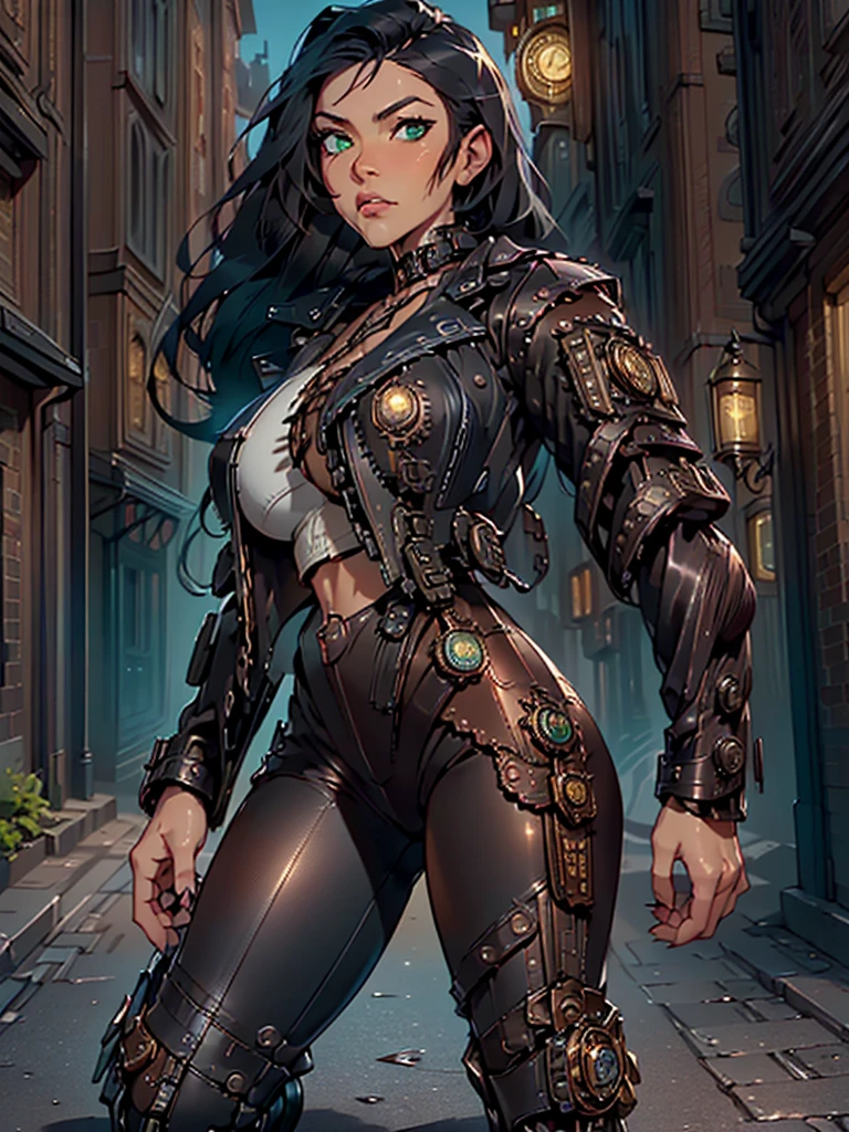 ((Need, 8K, Masterpiece artwork:1.3)),(realistically:1.4),RAW photo portrait,very wide lens,decote em close,(Real leather texture:1.3),(Film grain:1.3) Focalores:1.2, perfect figure beautiful woman:1.4, ((Dark and shiny black long hair, greeneyes, へそ, huge tit:1.2 )), ((white top:1.4)(Short black leather jacket, black steampunk pants:1.4) , ((kneel:1.2)), ((steampunk street day open scene, )), Highly detailded facial and skin texture, detailded