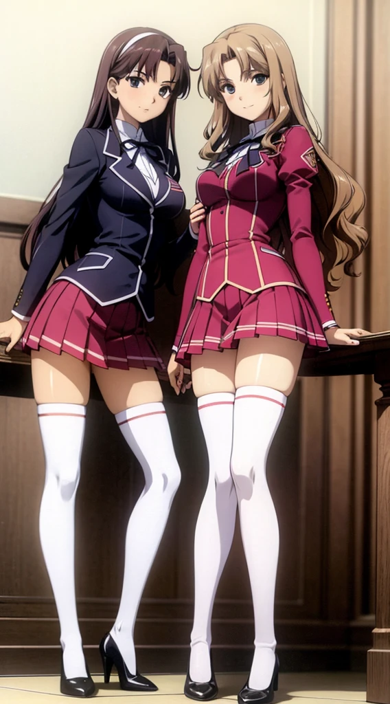Masterpiece, high quality, 2girls, duo, identical twins, identical sisters, brown hair, curly hair, matching hairstyles, hazel eyes, medium sized bust, (school uniform, sexy school uniform, blazer, lace section, ribbon, rainbow short skirt, white thigh-high socks, black high heels, matching outfits), smile, flat_color, full body, seductive pose, duo pose