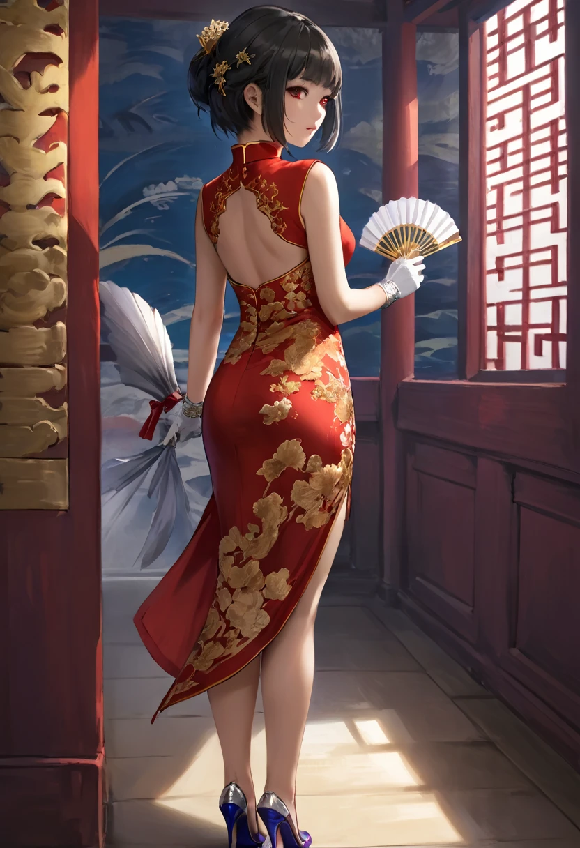 exotic, fantastic, absurd, haughty young woman, bob cut hairstyle, orange eyes, very sexy, red cheongsam, carp prints, extraordinarily silver and gold embroidery, purple silk gloves and stockings, with lace, Prussian blue embroidered slippers, silver lace fan, sexy and stunning pose, in a Chinese hall, anime, cinematic, masterpiece, dynamic back view, full body,