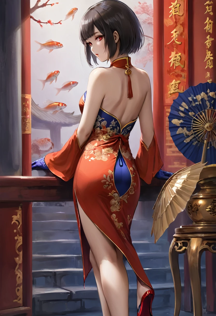 exotic, fantastic, absurd, haughty young woman, bob cut hairstyle, orange eyes, very sexy, red cheongsam, carp prints, extraordinarily silver and gold embroidery, purple silk gloves and stockings, with lace, Prussian blue embroidered slippers, silver lace fan, sexy and stunning pose, in a Chinese hall, anime, cinematic, masterpiece, dynamic back view, full body,