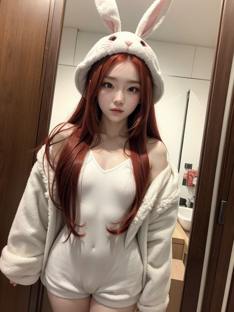  korean with long red hair, white skin and selfie rabbit costume 