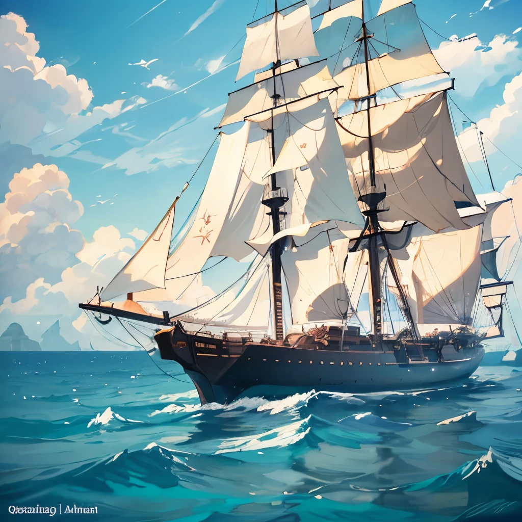 Majestic sailing ship, Under clear light blue sky adorned with fluffy white clouds, Beside tranquil turquoise ocean, Radiant big white sun at high noon, 12 pm, Detailed and realistic rendering, 4K quality, Masterpiece standard, HDR, UHD, Studio lighting, Ultra-fine painting, Sharp focus, Physically-based rendering, Extreme detail description, Professional, Vivid colors, Bokeh, Atmospheric, Clean lines, Intricate. The ship's sails billowing in the breeze, creating a dynamic and energetic scene, with a soft, dreamy atmosphere enhanced by the warm sunlight. The ocean reflects the vibr