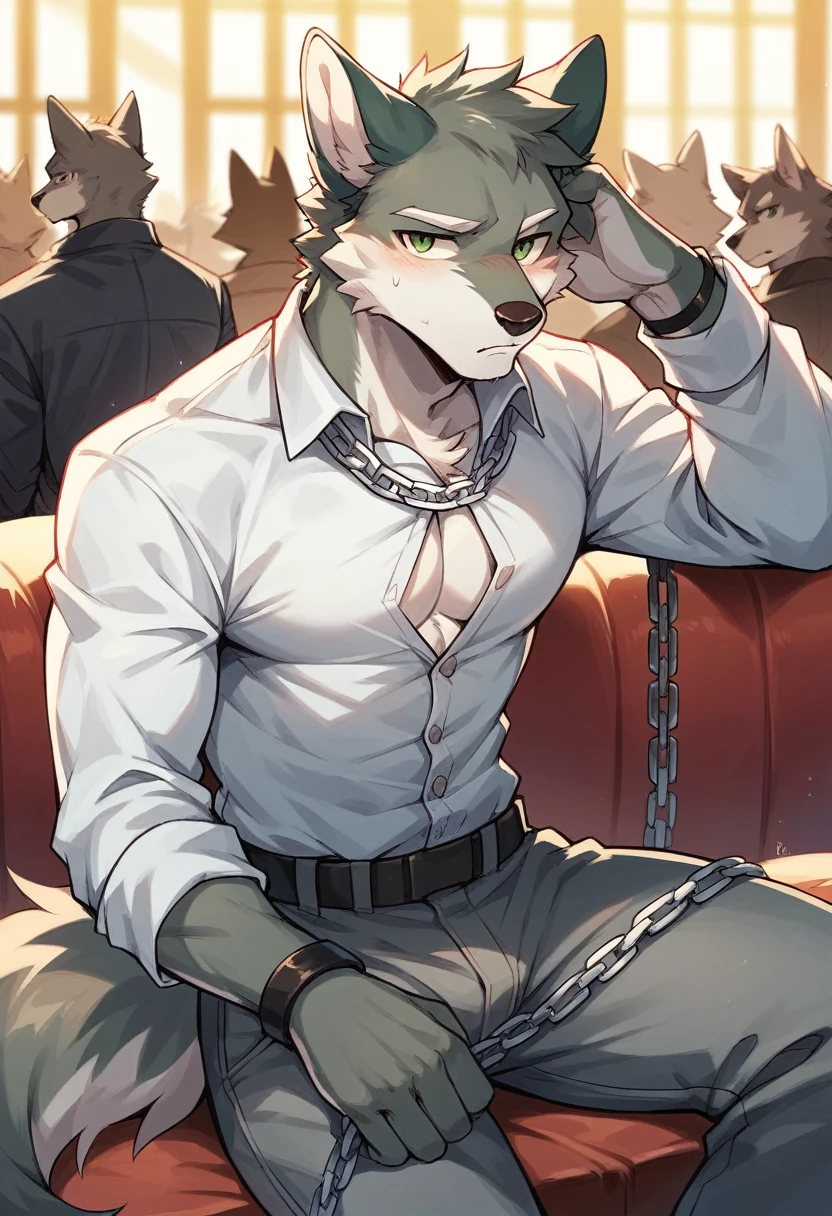 A drawing of a shy male anthro wolf with dark black and grey fur and green eyes sitting in the back of a nightclub, wearing a button down white long sleeve and gray cargo pants with a chain attached to it