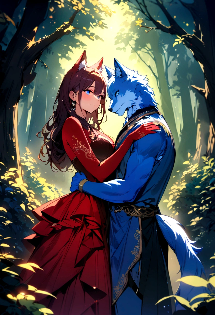 
Two wolves, Red fur, blue fur, bright blue eyes, in the most beautiful enchanted forest, highly, brightly lit, detailed, perfect masterpiece, high quality, high resolution, one blue wolf, one red wolf, wolf couple.