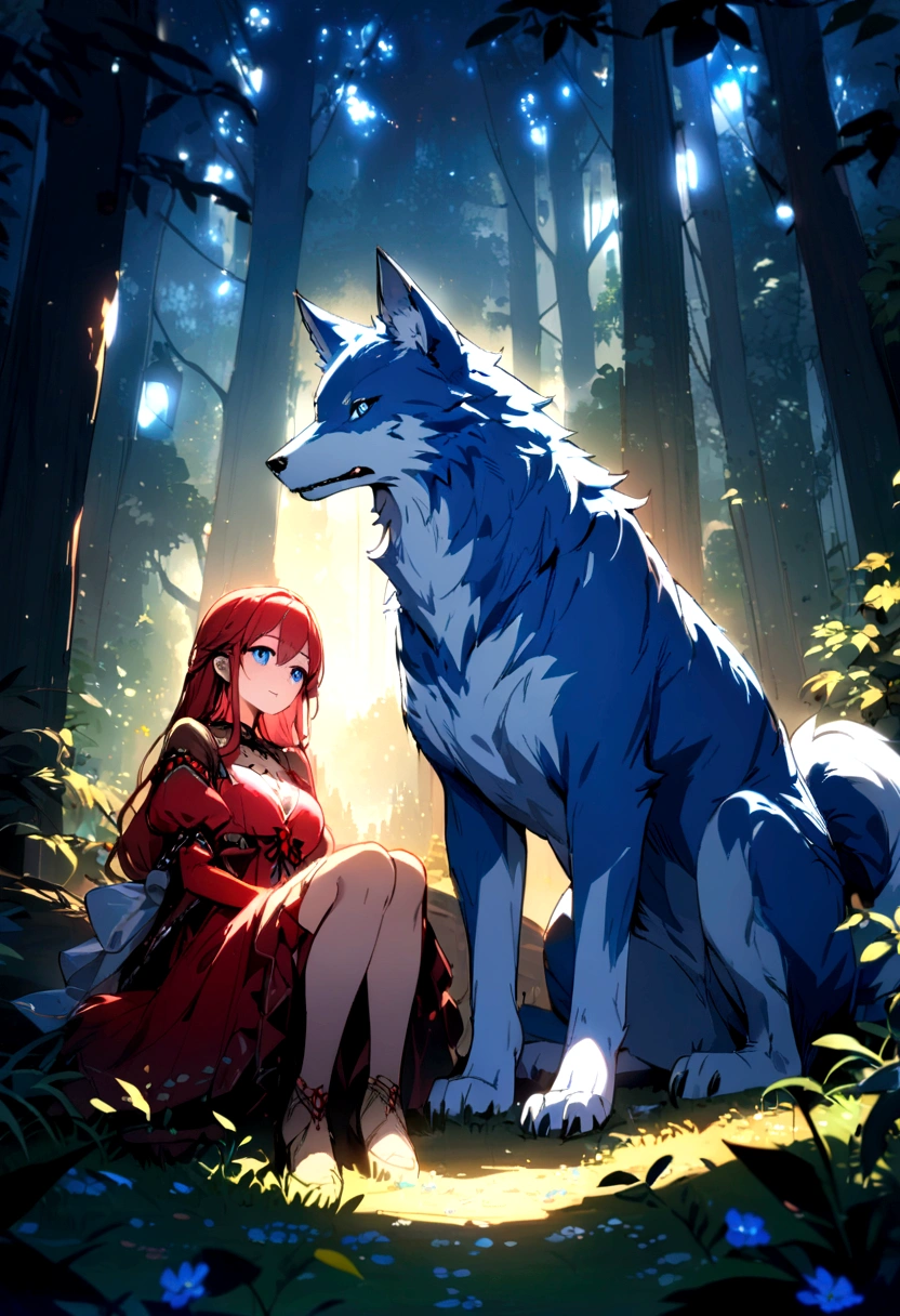 
Two wolves, Red fur, blue fur, bright blue eyes, in the most beautiful enchanted forest, highly, brightly lit, detailed, perfect masterpiece, high quality, high resolution, one blue wolf, one red wolf, wolf couple.