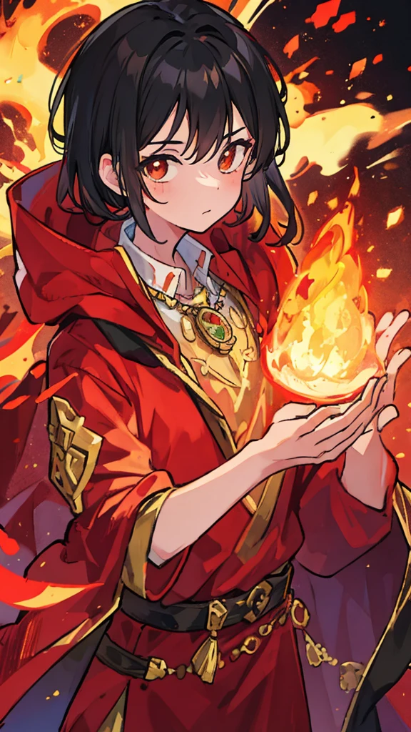 Human, man, mage, fire in hands, young, black hair, red pendant, red and gold robe