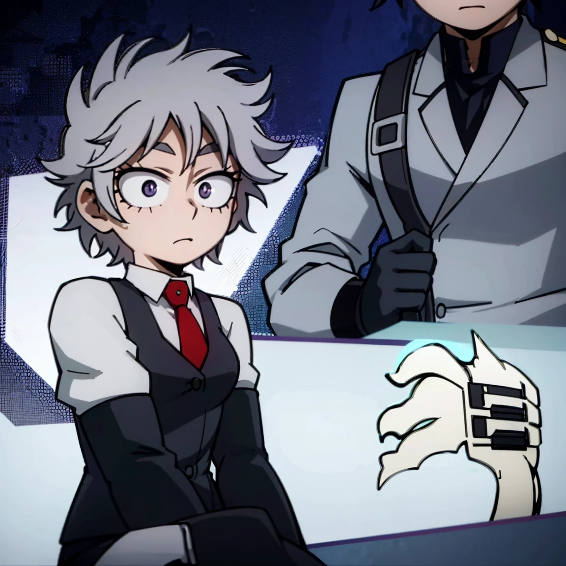 1boy, male focus, boku no hero academia, masterpiece, best quality, very aesthetic, muscular body, gray jacket, red tie, white shirt, teal pants, boots, short spiky hair, grayish violet hair, cyan eyes, night