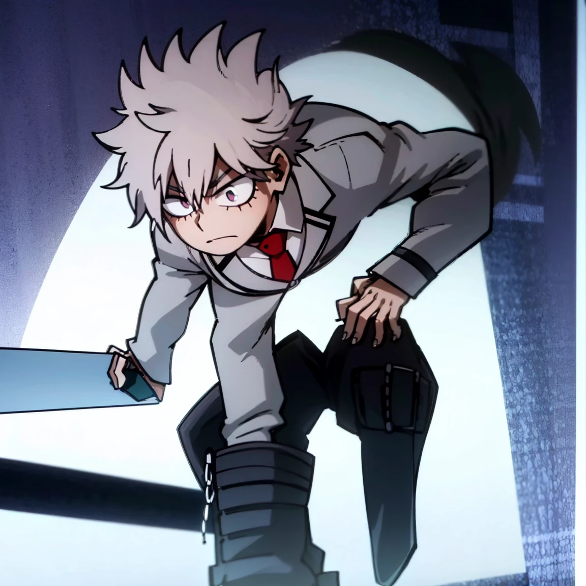 1boy, male focus, boku no hero academia, masterpiece, best quality, very aesthetic, muscular body, gray jacket, red tie, white shirt, teal pants, boots, short spiky hair, grayish violet hair, cyan eyes, night