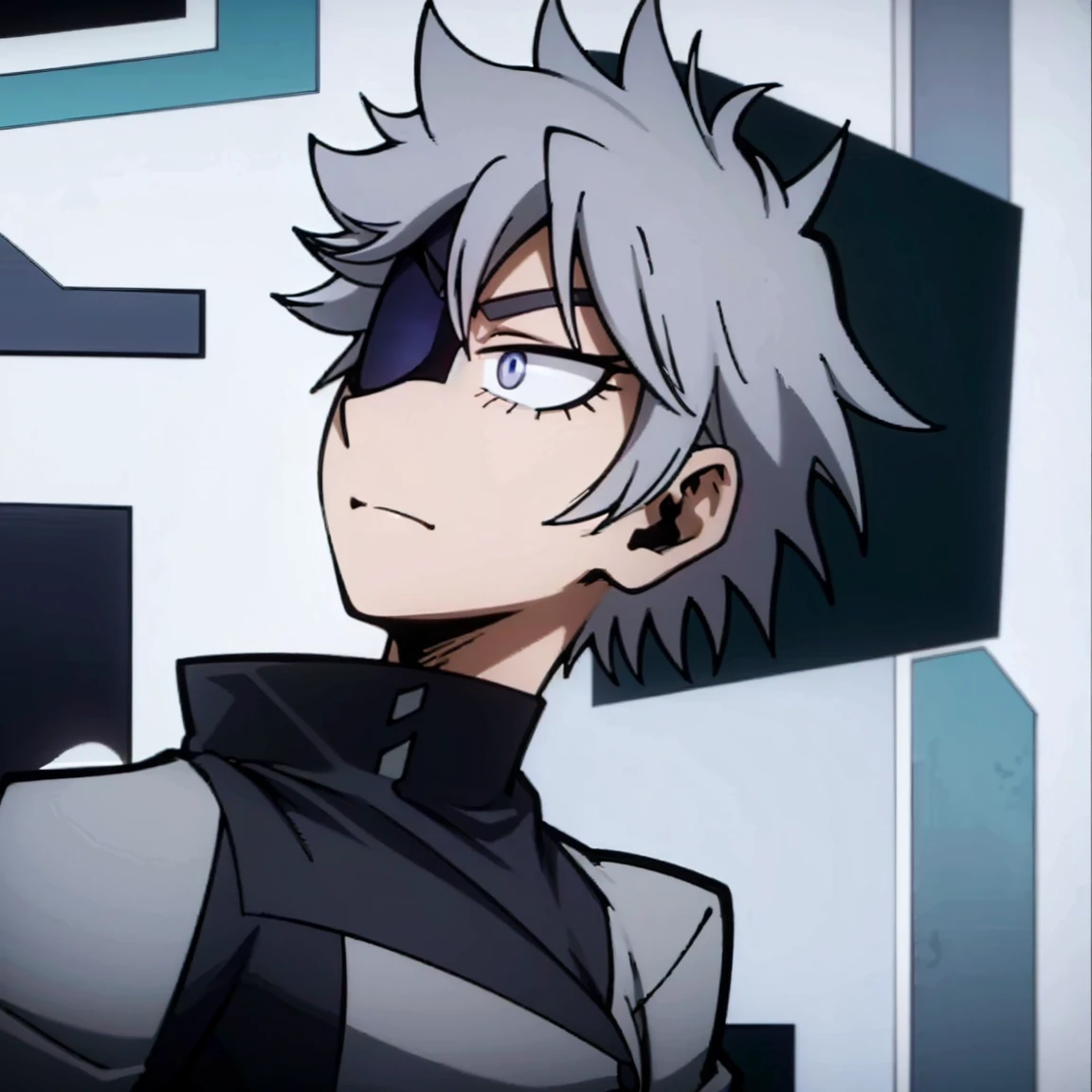 1boy, male focus, boku no hero academia, masterpiece, best quality, very aesthetic, muscular body, gray jacket, red tie, white shirt, teal pants, boots, short spiky hair, grayish violet hair, cyan eyes, night