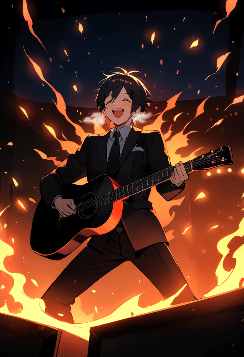 boy screaming with happiness with much longer black hair wearing a black suit and a guitar next to some speakers in the background breathing fire on a stage at night