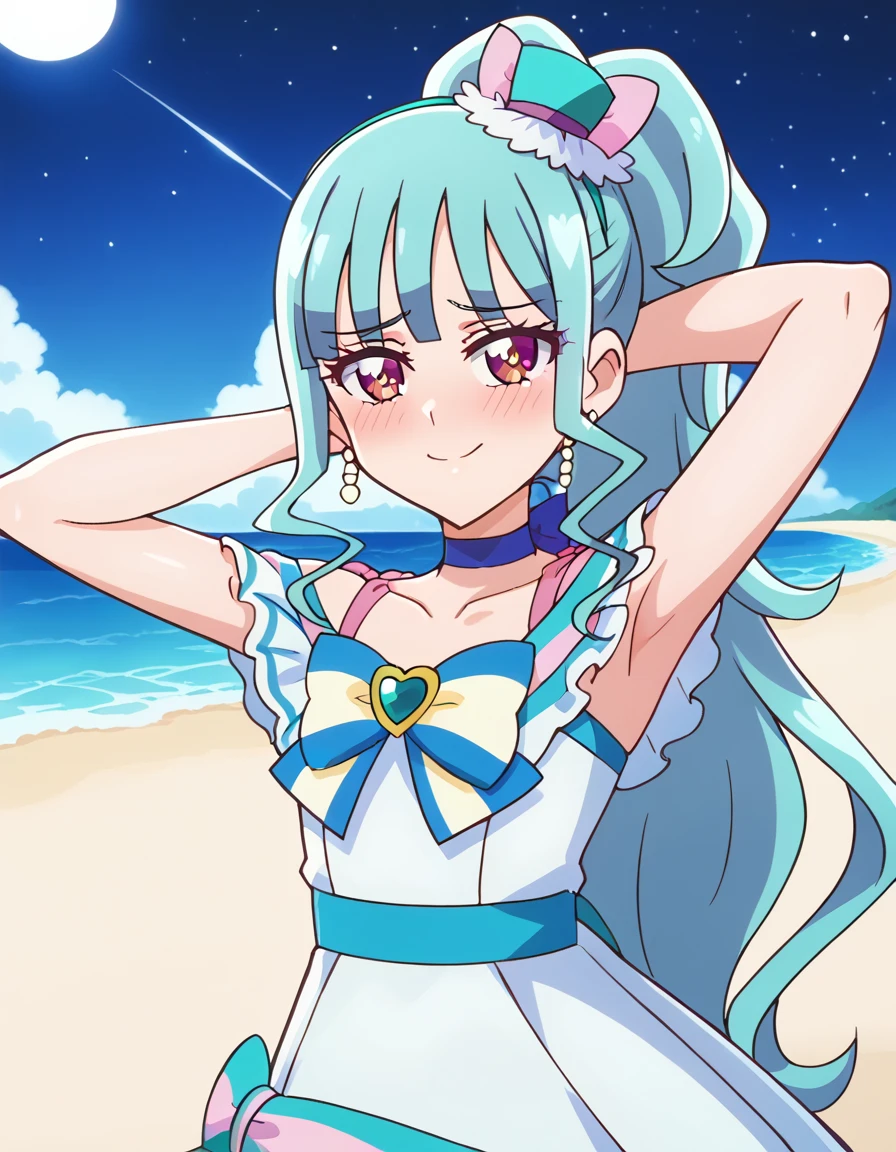 curelillian, shiny skin, high quality, solo, 1girl, night sky, beach, arms behind head, (contrapposto), closed mouth, spread armpits, cowboy shot, looking at viewer, smile, shy, nervous, best quality, blushing