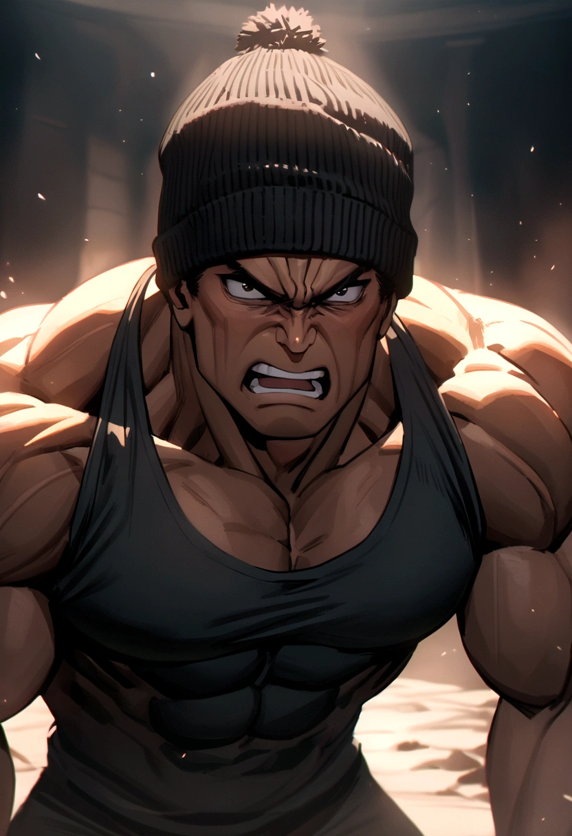 Medium muscular guy with long brown hair and black beanie hat very angry looking forward