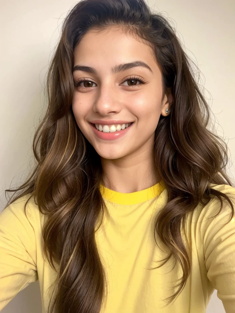 20YO, small nose, one women,attractive, Jordanian, Arab, Bright Yellow shirt, cute smile, cute face, white teethes, skinny face, light brown eyes, black/blonde long hair, modest