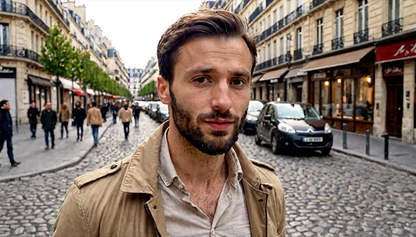 Ultrarealistic image of a 30-year-old French man, capturing fine details of his facial features. The man has a well-groomed beard, short dark hair, and expressive brown eyes. He is wearing a stylish, casual outfit that reflects modern Parisian fashion, with a neutral-toned shirt and a light jacket. The background is a softly blurred Parisian street, with cobblestone pavement and classic architecture, highlighting the man's sophisticated yet relaxed demeanor. Cinematic composition, high detail, photorealistic, 8K resolution.