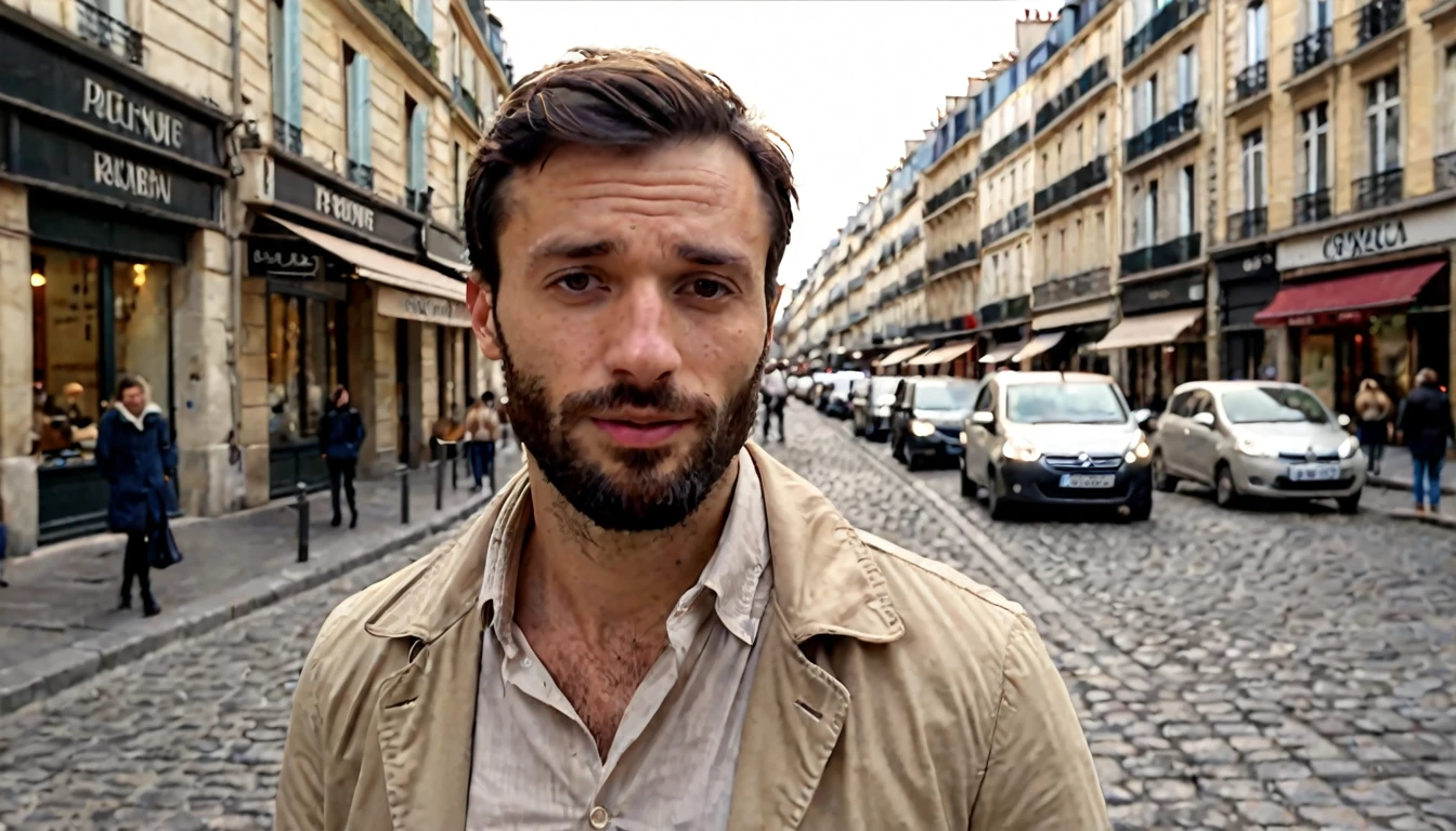 Ultrarealistic image of a 30-year-old French man, capturing fine details of his facial features. The man has a well-groomed beard, short dark hair, and expressive brown eyes. He is wearing a stylish, casual outfit that reflects modern Parisian fashion, with a neutral-toned shirt and a light jacket. The background is a softly blurred Parisian street, with cobblestone pavement and classic architecture, highlighting the man's sophisticated yet relaxed demeanor. Cinematic composition, high detail, photorealistic, 8K resolution.