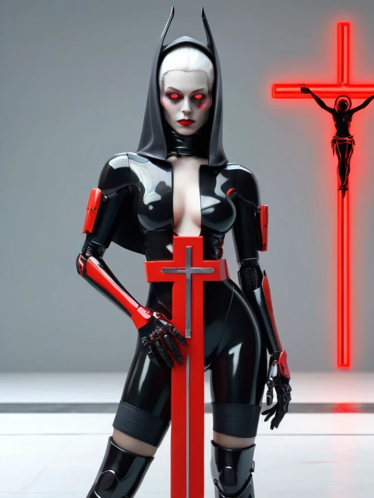 ral-opal, meahophontron, full body, woman robot face, Cyberpunk, devil nun, negro, looking at camera, body nun clothes, red eyes, primer plano looking at camera, realist, beautifull woman, sexy face, black clothes, gray and red, Red high heels, holding red crucifix.