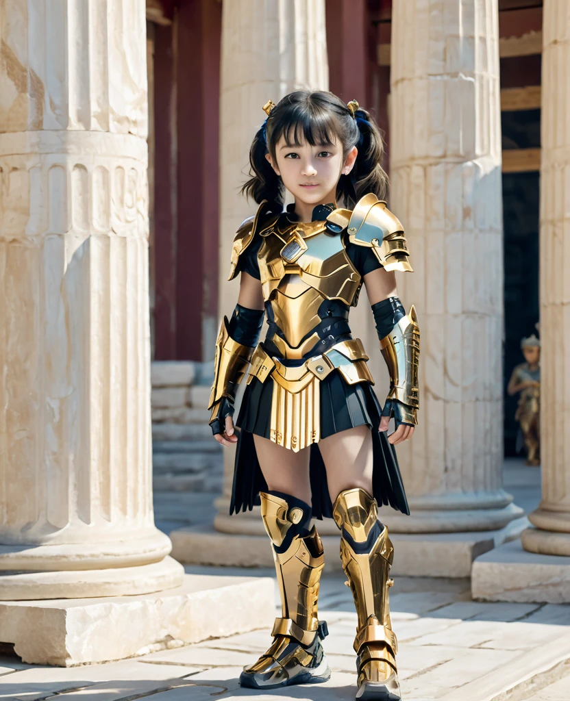 close, full length,Cute 10 year old girl , Golden Armor、Cyberpunk Gold Parts Body,Greek temple columns in the background, Super high-quality details