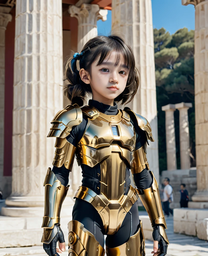 close, full length,Cute 10 year old girl , Golden Armor、Cyberpunk Gold Parts Body,Greek temple columns in the background, Super high-quality details