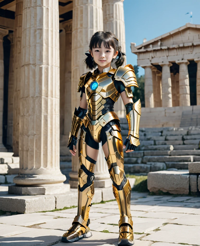 close, full length,Cute  girl , Golden Armor、Cyberpunk Gold Parts Body,Greek temple columns in the background, Super high-quality details