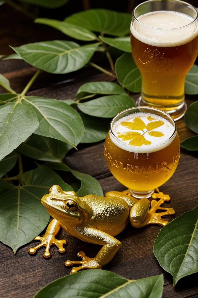 I want a logo for a craft beer where the name is Río Ámbar IPA, main element will make an animated golden frog, surrounded by floral leaves and a reed bed. 