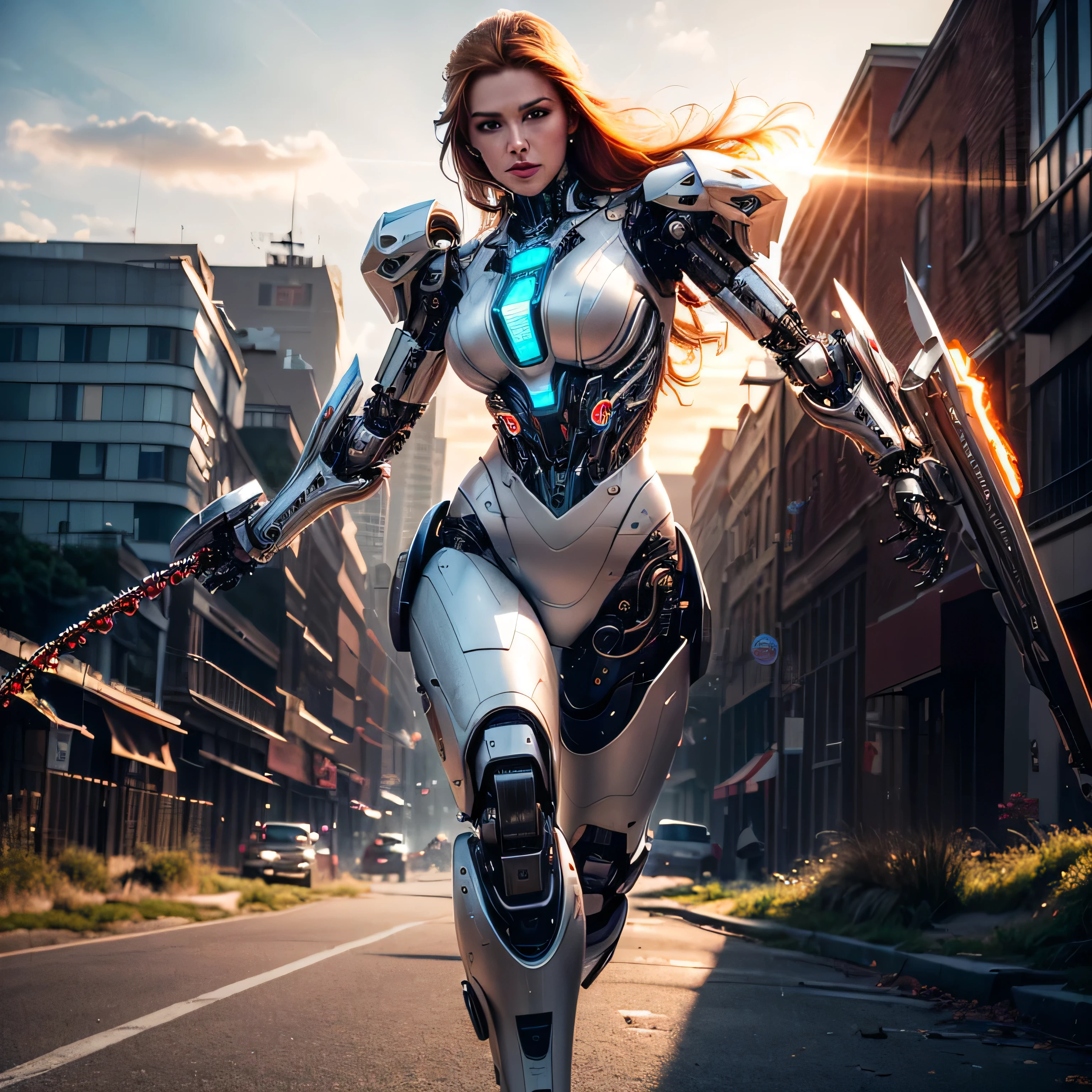 (masterpiece, photorealistic:1.4, extremely intricate:1.3), (photon mapping, radiosity, physically based rendering, ultra resolution, hyper-realistic, hyper-realistic, 8K, (dtx)), muscular girl, ((lacquered white perfectchainmail armor:0.8, ((mechanical limbs, cybernetic arms, futuristic cyborg, ((weapon)))) razorwhip, intense, [skin detail:freckles:0.8])), metal reflections, outdoors, sunset, background futuristic battlefield, far away city destruction, god rays blasting a crater, professional photograph, (straight ginger hair, wind, windy, running dynamic movement pose, arm raised), sharp focus, dramatic, award winning, (film grain, bokeh, interaction)
