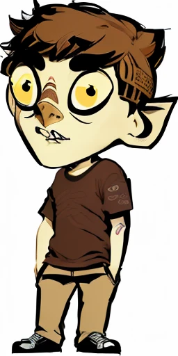 cartoon boy with a brown shirt and brown pants, cartoon character, full body portrait of a short!, cartoonish and simplistic, full body character, merged character, character portrait of me, in cartoon style, inspired by Jamie Hewlett, a character based on a haggis, close up character, boy thin face, boney, cartoonish cute, cute character