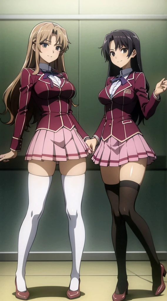 Masterpiece, high quality, 2girls, duo, identical twins, identical sisters, brown hair, curly hair, matching hairstyles, hazel eyes, medium sized bust, (school uniform, sexy school uniform, blazer, lace section, ribbon, rainbow short skirt, white thigh-high socks, black high heels, matching outfits), smile, flat_color, full body, seductive pose, duo pose