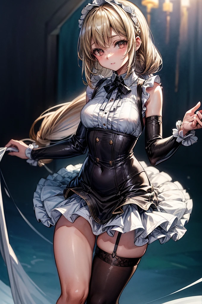 ((Sketch)), ((Watercolor)),((best quality)) ((best quality)), ((masterpiece)), (detailed), HD, Highly Detailed, 4k image, anime style, beautiful young age girl, 13 yarly white skin, Blonde braided ponytail hair, adorable and cute facial features, golden-brown colored eyes, White French Maid Uniform, Black sheer stockings plump thick lips, tiny breasts, slender and slim toned body type, tall height(180cm), small narrow waist, wide curvy hips, plump large round ass, full body picture