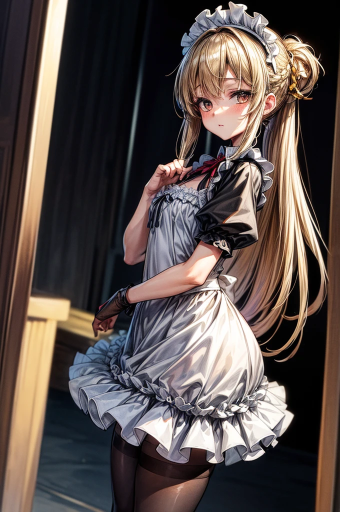 ((Sketch)), ((Watercolor)),((best quality)) ((best quality)), ((masterpiece)), (detailed), HD, Highly Detailed, 4k image, anime style, beautiful young teenage girl, 13 years old, pearly white skin, Blonde braided ponytail hair, adorable and cute  features, golden-brown colored eyes, White French Maid Uniform, Black sheer stockings plump thick lips, tiny breasts, slender and slim toned body type, tall height(180cm), small narrow waist, wide curvy hips, plump large round ass, full body picture