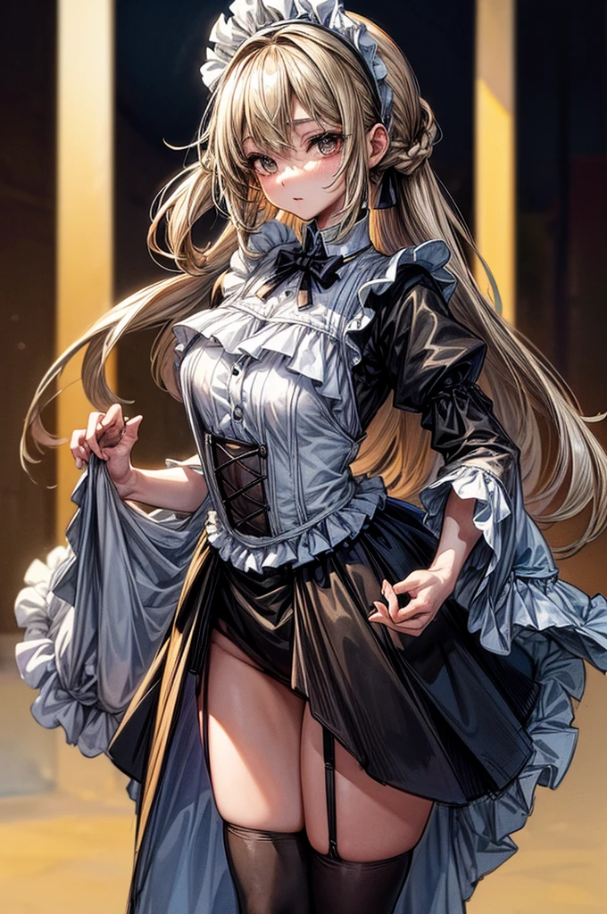 ((Sketch)), ((Watercolor)),((best quality)) ((best quality)), ((masterpiece)), (detailed), HD, Highly Detailed, 4k image, anime style, beautiful young teenage girl, 13 years old, pearly white skin, Blonde braided ponytail hair, adorable and cute facial features, golden-brown colored eyes, White French Maid Uniform, Black sheer stockings plump thick lips, tiny breasts, slender and slim toned body type, tall height(180cm), small narrow waist, wide curvy hips, plump large round ass, full body picture